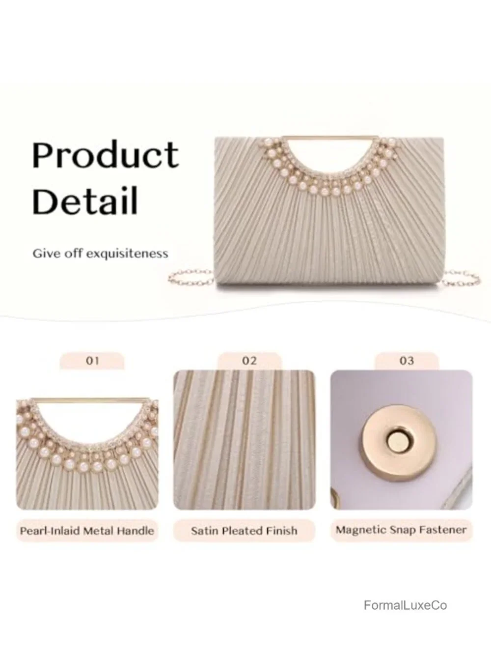 Pleated Satin Clutch Evening Bag Fits Large Smartphones Chain Strap